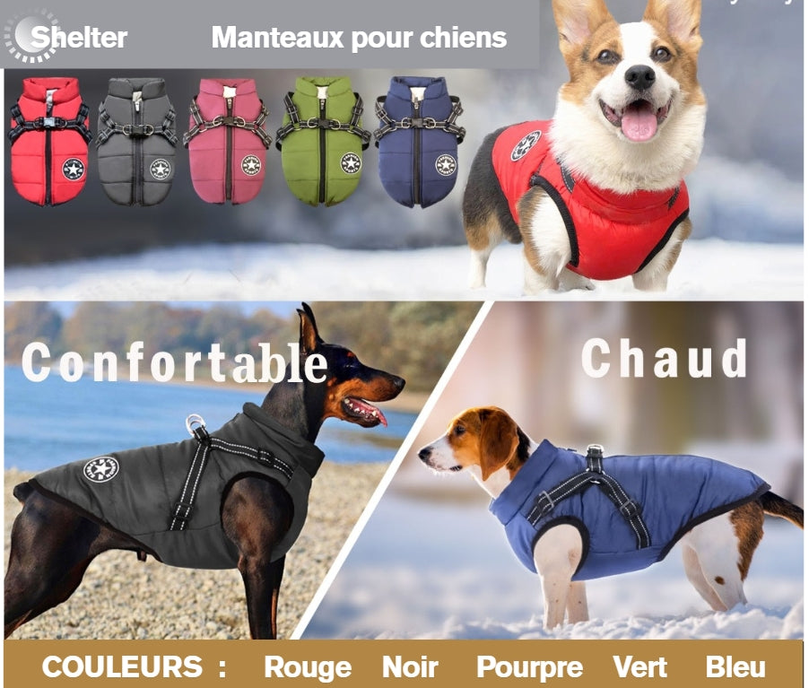 Manteau pour chiens , Vetement pour chien ultra confort, imperméable, coupe vent et protection polaire SHELTER™ avec harnais