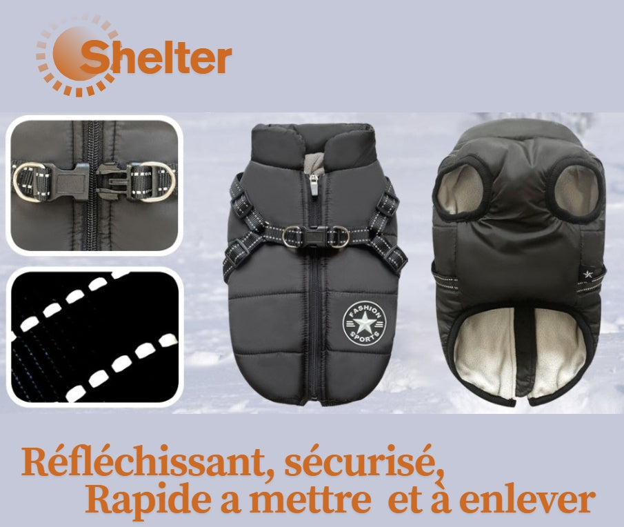 Manteau pour chiens , Vetement pour chien ultra confort, imperméable, coupe vent et protection polaire SHELTER™ avec harnais
